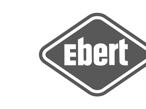 Foodservice Ebert Logo in weißer Schrift auf grauem rautenförmigen Hintergrund mit weißem Rand