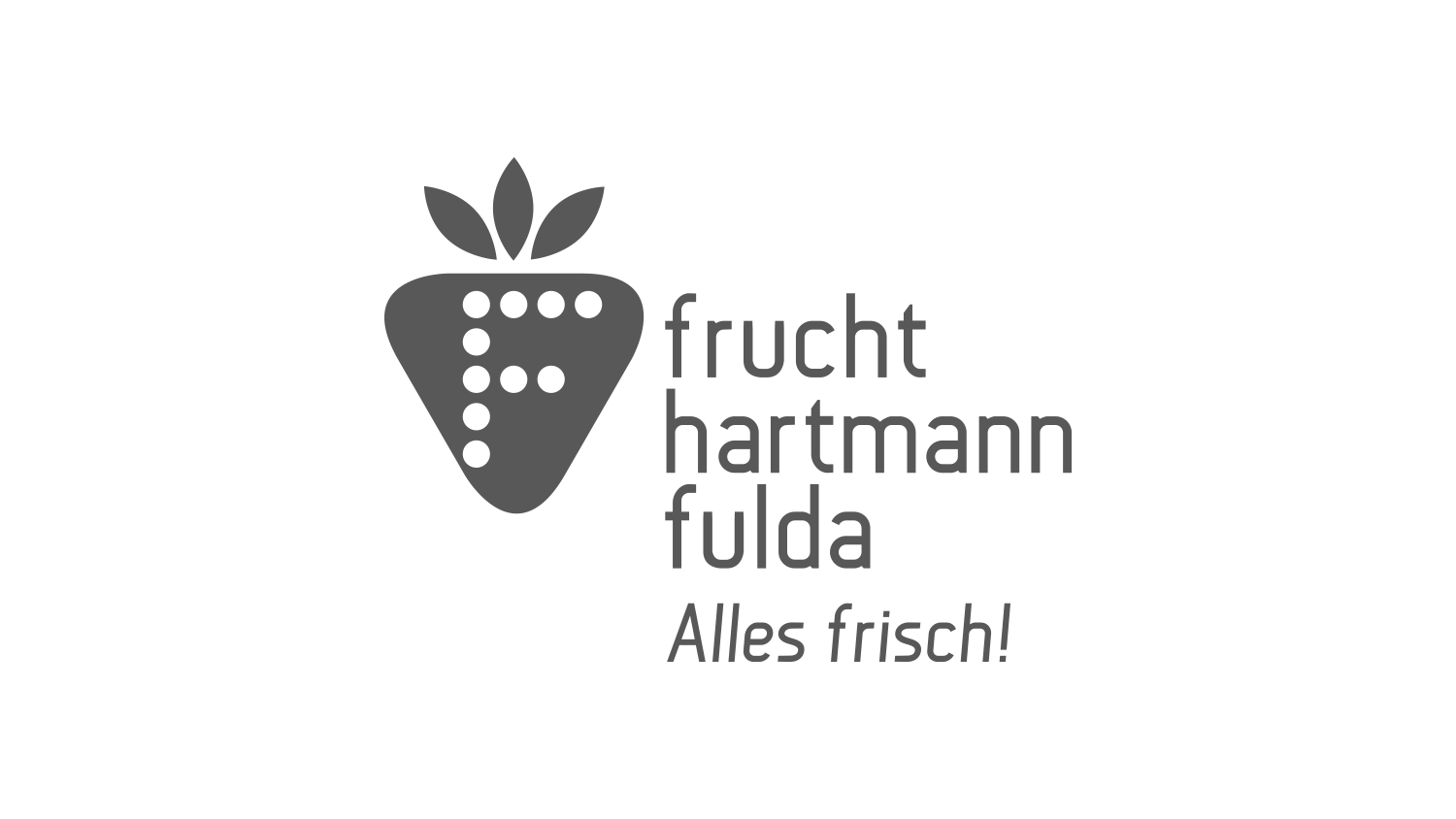 Frucht Hartmann Fulda Logo in grauer Schrift. Links ein stilisiertes Erdbeersymbol mit einem "F" aus Punkten, rechts der Text "frucht hartmann fulda" und darunter "Alles frisch!