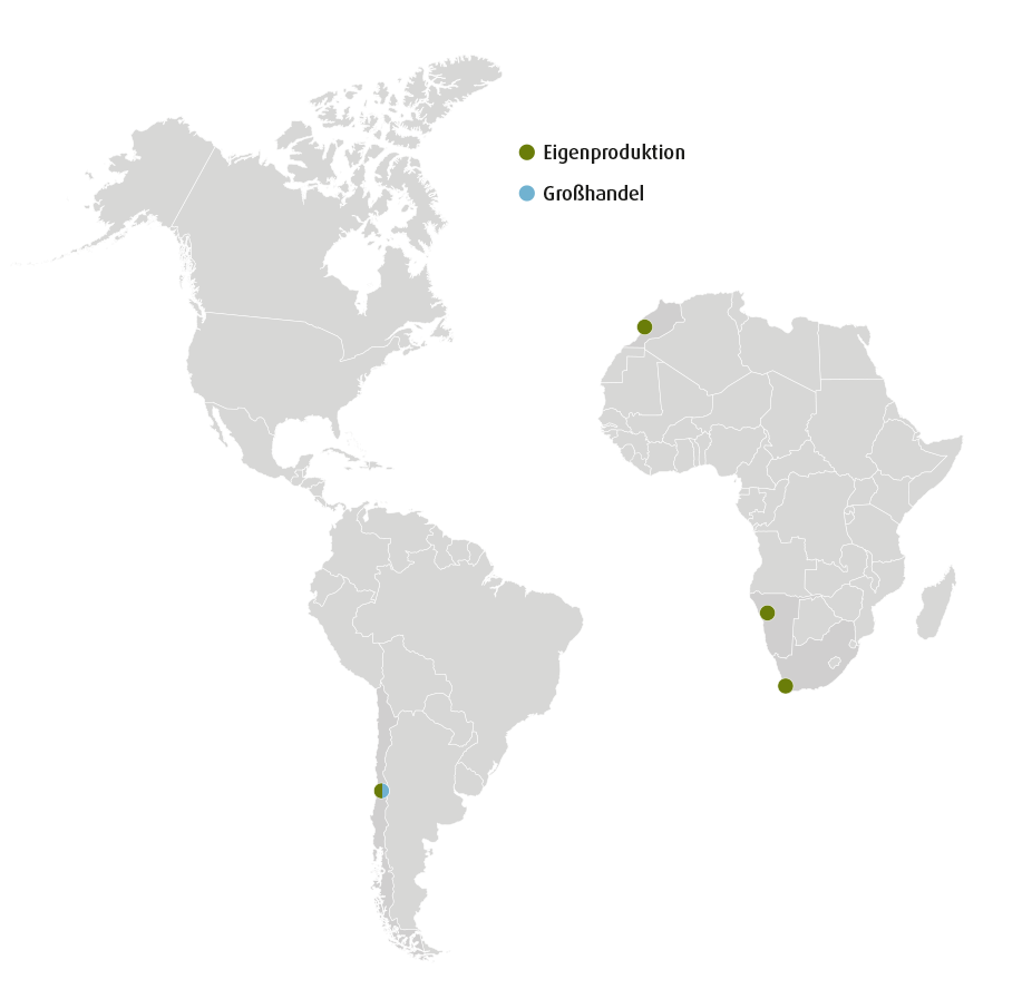 Karte mit markierten Standorten für Eigenproduktion in Südamerika und Südafrika sowie Großhandel in Nordamerika und Europa.
